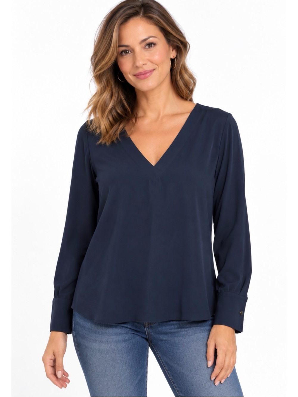ADAY | Navy Blue Long Sleeve Something Tailored V-Neck Top Shirt Sz. XS